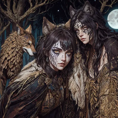 ancient Greek huntress Commanding a wolf pack and ravens, Messy feral hair, glowing wild eyes with glowing face paint. Moonlit forest background. Deep, rich colors and intricate details. Carne Griffiths and Charles Vess