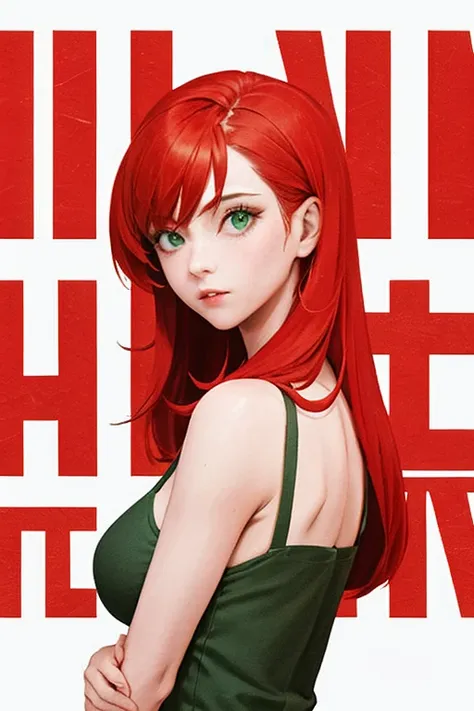 (masterpiece, best quality:1.3), english text, cover, 1girl, upper body, red hair, green dress, looking at viewer,