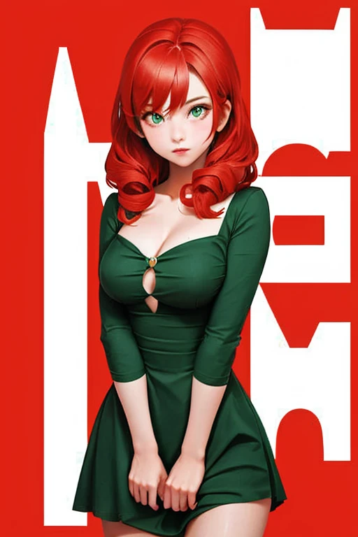 (masterpiece, best quality:1.3), english text, cover, 1girl, upper body, red hair, green dress, looking at viewer,