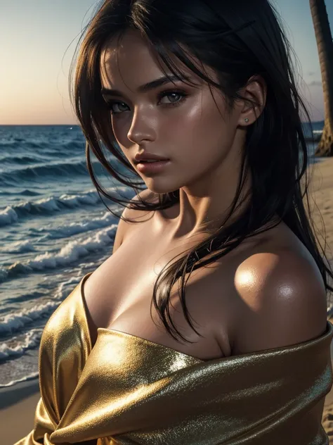 Best quality, masterpiece, ultra high res, (photorealistic:1.4), raw photo, 1girl, shoulder, shiny skin, in the dark, deep shadow, low key, cold light, beach