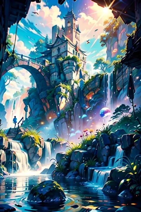 hyper-realistical masterpiece, best quality, The image portrays an otherworldly scenery that takes you on a magical journey to ancient fantasy China. In the center of the image, you see a magnificent waterfall cascading down from a towering cliff into a se...