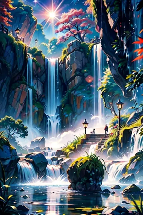 hyper-realistical masterpiece, best quality, The image portrays an otherworldly scenery that takes you on a magical journey to ancient fantasy China. In the center of the image, you see a magnificent waterfall cascading down from a towering cliff into a se...