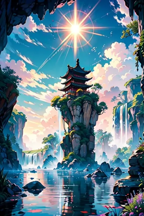 hyper-realistical masterpiece, best quality, The image portrays an otherworldly scenery that takes you on a magical journey to ancient fantasy China. In the center of the image, you see a magnificent waterfall cascading down from a towering cliff into a se...