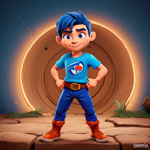 comic boy character, sorrindo, fantasiado de ninja, olhos azuis, badana ninja , hero pose, colete azul escuro com ombreiras cinzas, orange trousers, joelheiras azuis, botas cor cinza, luvas sem dedos, fundo branco