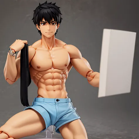 brown eyes, black hair, bangs, (solo), best quality, high quality, 1boy, solo, male focus, looking at viewer, toned body, center, closed smile, figma, topless, shirtless, shorts, anime style, hot male, masterpiece, best quality,