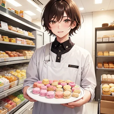 ((1Male)、((19 years old)、((high quality)、(Honey eyes)、(Light brown hair with messy hair.)、(pale skin with blush on the cheeks))、bakery suit、 ((very happy and adorable look)、((short hair)、holding a tray with macarons of different cute colors