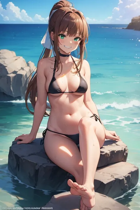 ((full pose:1.5)), ((crossed legs)), ((show feets:1.4)), ((feet close up)), ((sitting on rock:1.4)), ddlcmonika, ddlcmonika, blunt bangs, brown hair, (green eyes:1.5), long hair, ponytail, ribbon, white ribbon, hair ribbon, sidelocks, ((happy face:1.4)),
B...