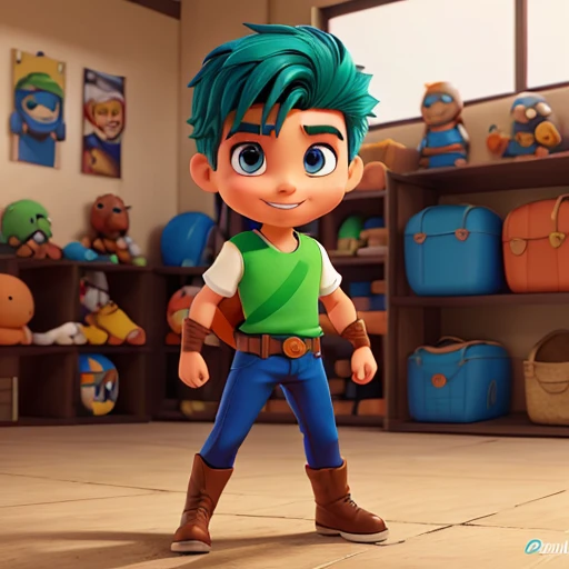 comic boy character, sorrindo, cabelos amarelos, olhos verdes, mascara ninja, hero pose, colete azul escuro, orange pants, joelheiras azuis, botas cinzas