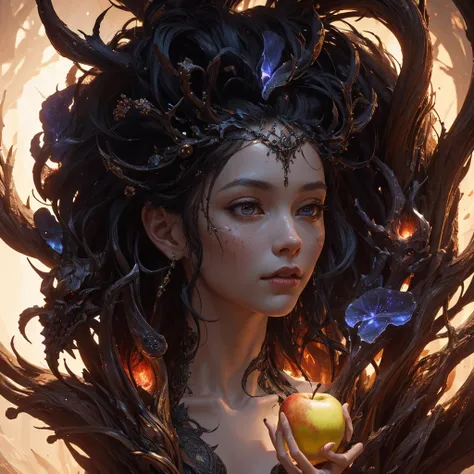 Eve and the Apple of Eden, portrait, a masterpiece, 8k resolution, dark fantasy concept art, dynamic lighting, hyperdetailed, intricately detailed, Splash screen art, trending on Artstation, deep color, Unreal Engine, volumetric lighting