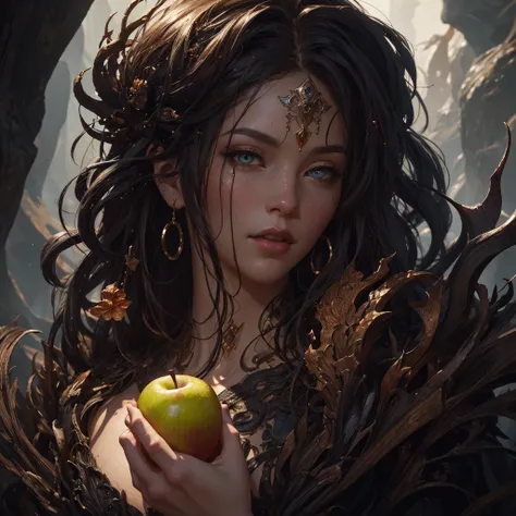 Eve and the Apple of Eden, portrait, a masterpiece, 8k resolution, dark fantasy concept art, dynamic lighting, hyperdetailed, intricately detailed, Splash screen art, trending on Artstation, deep color, Unreal Engine, volumetric lighting