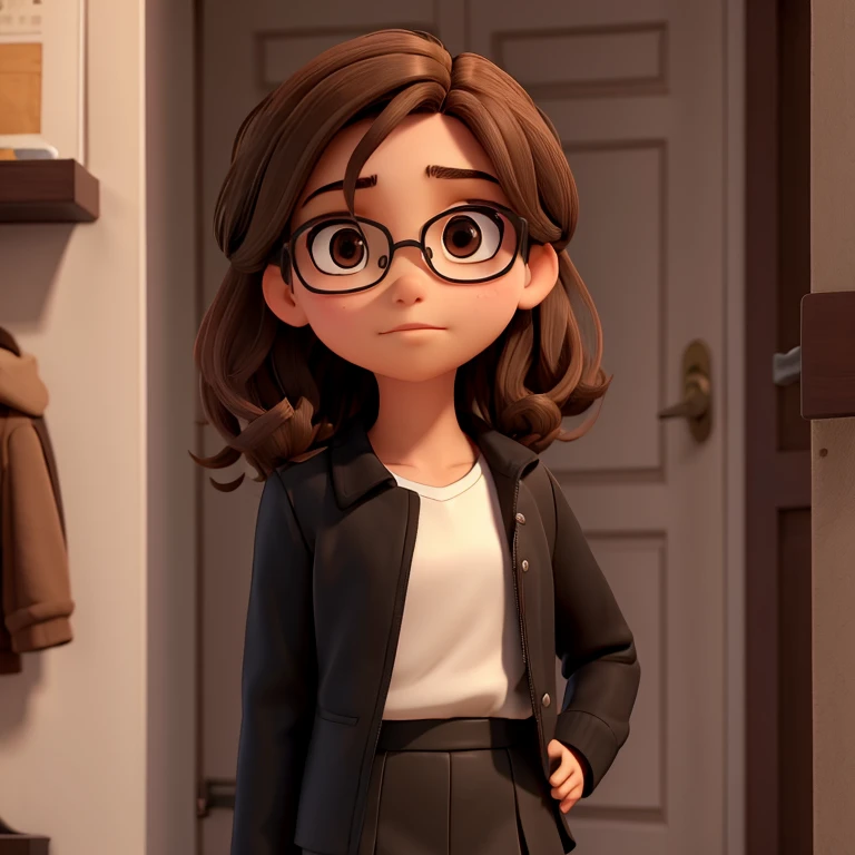 1girl, medium-length brown hair, brown eyes, glasses, open forehead, black jacket, white shirt, black skirt, uncertain look, says