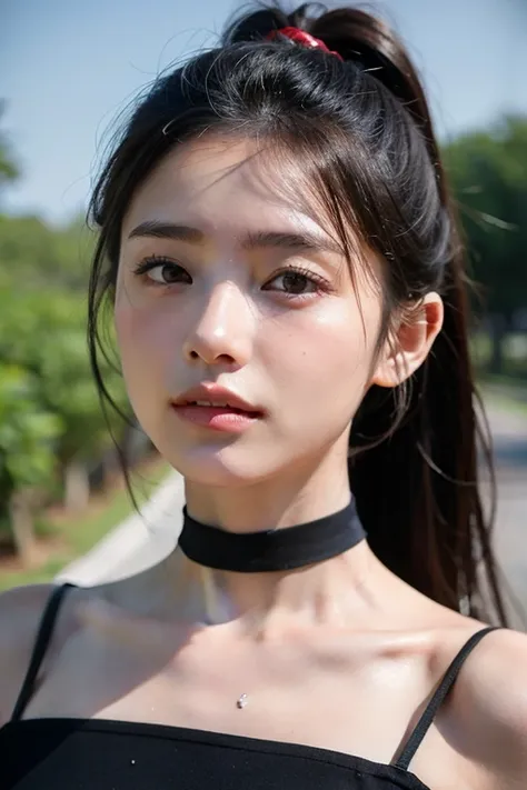 (bestquality, 10, master-piece, HD:1.2), Beautiful Japanese Women, age is 18 years old, In the photo,large, grey, hairดำแตก.,long ponytail,Upper part of the body, Unclear clothes, choker necklace, background, From Top, looking at the audience: 1.7, (10, ra...