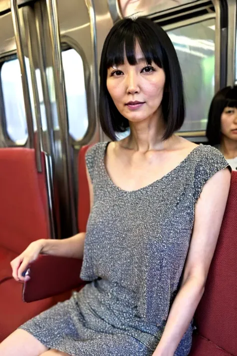 ((realisitic:1.4))、(high-level image quality、hight resolution)、((japanes))、(A detailed eye:1.2)、big eye 、Flat bangs、(Black Hair)、(On the train:1.2)、Solo、((48yo))(huge areolas),((long teat:1.2))、Clean、A slender、beauty legs、Shinjuku、Riho Yoshioka、