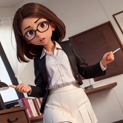 1girl, medium-length brown hair, brown eyes, glasses, open forehead, office outfit, black jacket, white shirt, black skirt, (uncertain look, open mouth, no smile), telling something