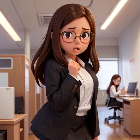 1girl, medium-length brown hair, brown eyes, glasses, open forehead, office outfit, black jacket, white shirt, black skirt, (unc...