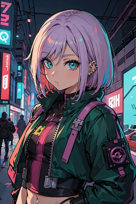 uma mulher com cabelos coloridos e piercings usando um top verde, rossdraw desenho animado vibrante, RossDraw pastel vibrante, Arte de anime cyberpunk, Estilo de arte cyberpunk, arte de anime cyberpunk, anime vibes, cor estilo cyberpunk, decora inspired il...