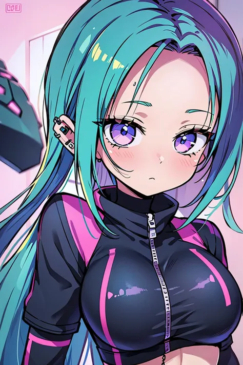 uma mulher com cabelos coloridos e piercings usando um top verde, rossdraw desenho animado vibrante, RossDraw pastel vibrante, Arte de anime cyberpunk, Estilo de arte cyberpunk, arte de anime cyberpunk, anime vibes, cor estilo cyberpunk, decora inspired il...