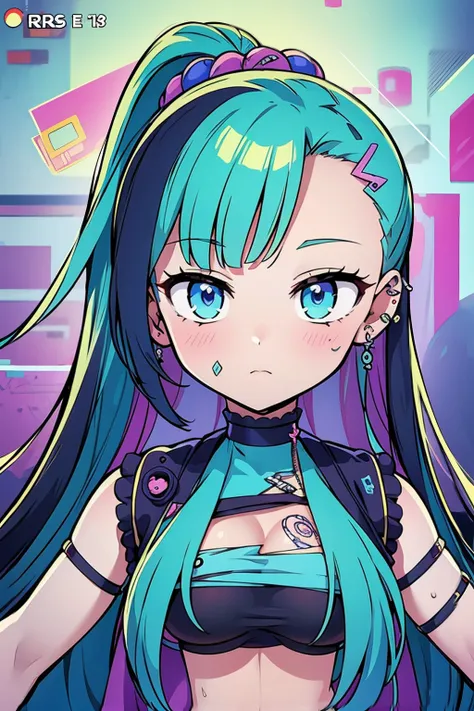 uma mulher com cabelos coloridos e piercings usando um top verde, rossdraw desenho animado vibrante, RossDraw pastel vibrante, Arte de anime cyberpunk, Estilo de arte cyberpunk, arte de anime cyberpunk, anime vibes, cor estilo cyberpunk, decora inspired il...