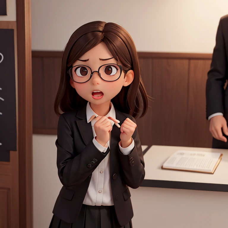 1girl, medium-length brown hair, brown eyes, glasses, open forehead, office outfit, black jacket, white shirt, black skirt, open mouth, no smile, letters fly into mouth, fright