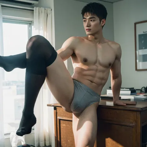 ((chinese man)), ((sexy slutty whore)) ,Gay，spread ass , spread leg，Bulge，fortitude，In the office，Office，((tight Black short stockings))，((sexy tight Suspenders))，liquids , k hd，artwork of a pornographic，underdressing , masculine characteristics , (((photo...