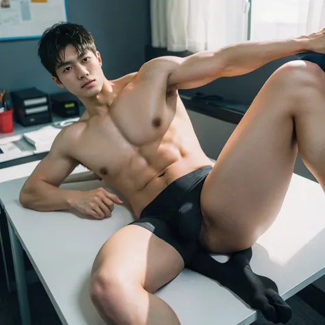 ((chinese man)), ((sexy slutty whore)) ,Gay，spread ass , spread leg，Bulge，fortitude，In the office，Office，((tight Black short stockings))，((nude)) , naked，liquids , k hd，artwork of a pornographic，underdressing , masculine characteristics , (((photorealistic...