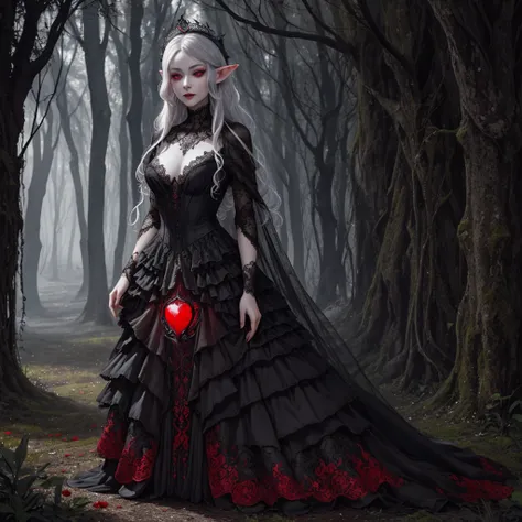 black lace, a whimiscal woman with gray skin and red eyes, full body shot, deep depth, hyperintricate fantasy portrait, hyperrealistic, DSLR HDR, 64 megapixels, elven drow, gorgeous king fairytale forest maximalist