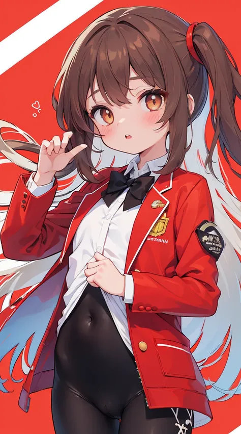 1girl, sozinho,brown hair underwater, olhos castanhos, separated-lips, mangas compridas, suit jacket,  Background Story, parte superior do corpo, red Background Story, Olhando para o Viewer, dente, red suit jacket, corpo lipull, sorrir，motocicleta