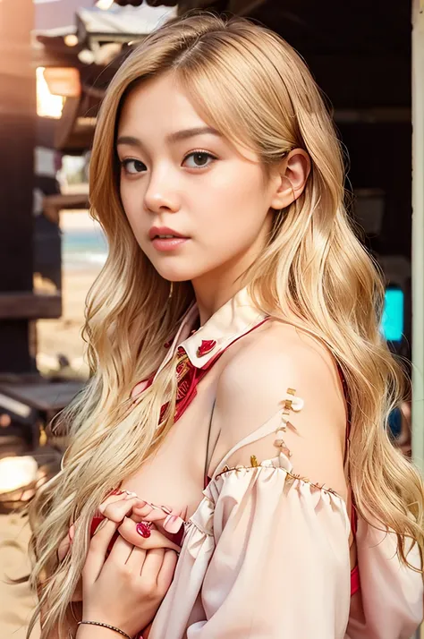 close up of a woman with long hair wearing a red bikini jaeyeon nam double tzuyu jinyoung shin female korean idol portrait blackpink jossi portrait korean artist blackpink roseanne park ash blonde gray hair heonhwa choe wavy shoulder length hair lee ji- eu...