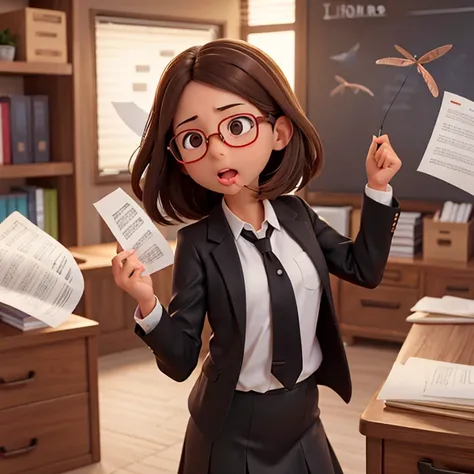 1girl, medium-length brown hair, brown eyes, glasses, open forehead, office outfit, black jacket, white shirt, black skirt, open mouth, no smile, ((papers fly into mouth)), fright