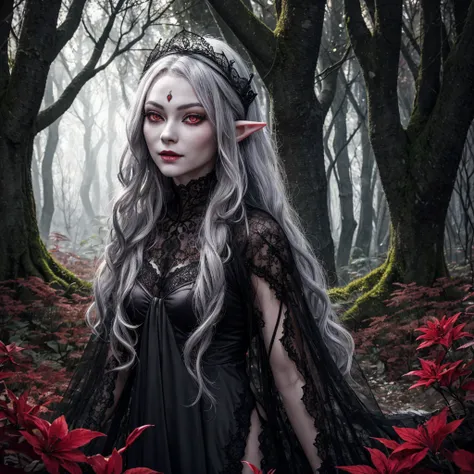 black lace, a whimiscal woman with gray skin and red eyes, full body shot, deep depth, hyperintricate fantasy portrait, hyperrealistic, DSLR HDR, 64 megapixels, elven drow, gorgeous king fairytale forest maximalist