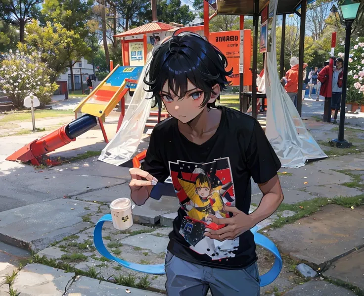 boy leaning on a red metal bar in a park, loli, en un parque, lindo chico emo, peruvian boy looking, boy has short black hair, 1...