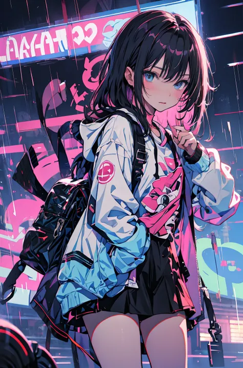 anime girl in the rain with a backpack and a backpack, anime style 4 k, cyberpunk anime girl in hoodie, 4k anime wallpaper, anime art wallpaper 8 k, anime art wallpaper 4k, anime art wallpaper 4 k, anime wallpaper 4k, anime wallpaper 4 k, anime style. 8k, ...