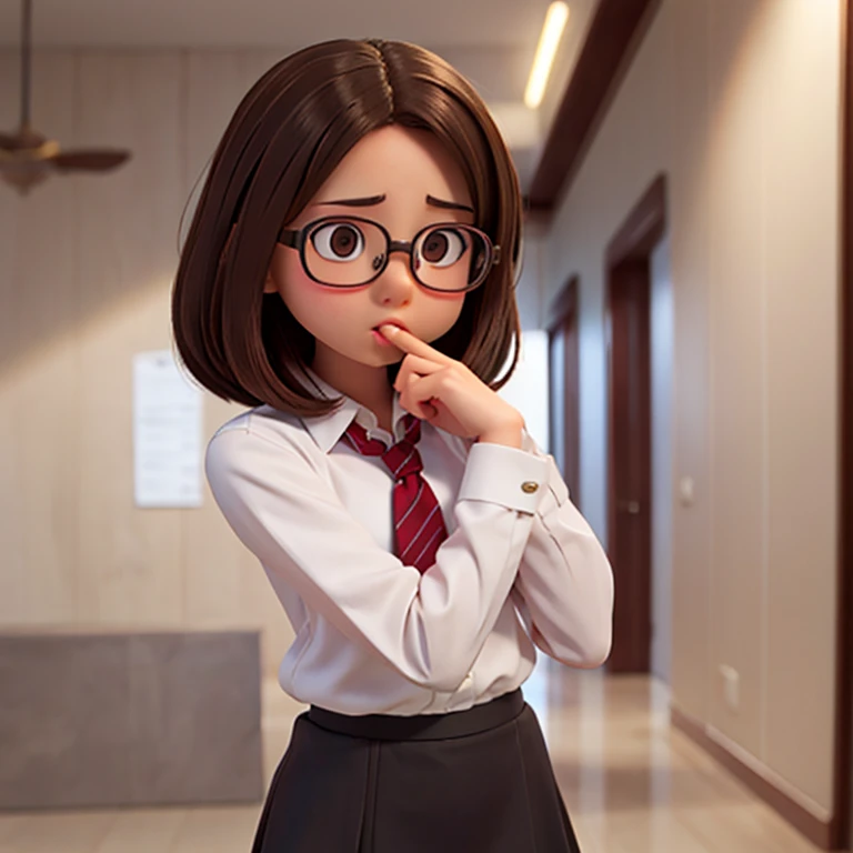 1girl, medium-length brown hair, brown eyes, glasses, open forehead, office outfit, black jacket, white shirt, black skirt, open mouth, no smile, ((little papers fly into mouth)), fright