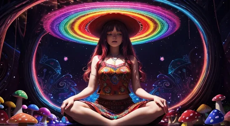 ((psychedelic)) scarlet begonias in her hair. Sitting in a ring of magic mushrooms. Cute Dancing dead bears, (mushroom trip), hallucinating, (prismatic) HDR, 4K