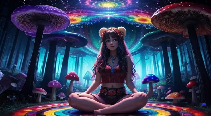 ((psychedelic)) scarlet begonias in her hair. Sitting in a ring of magic mushrooms. Cute Dancing dead bears, (mushroom trip), hallucinating, (prismatic) HDR, 4K