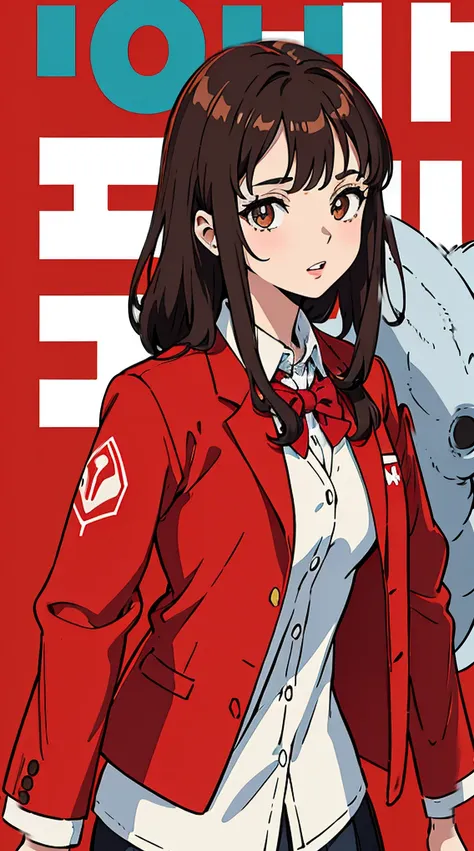 1girl, sozinho,brown hair underwater, olhos castanhos, separated-lips, mangas compridas, suit jacket,  Background Story, parte superior do corpo, red Background Story, Olhando para o Viewer, dente, red suit jacket, corpo lipull, sorrir，motocicleta