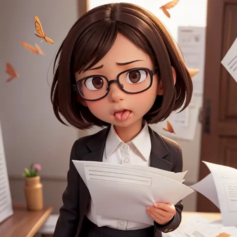 1girl, medium-length brown hair, brown eyes, glasses, open forehead, office outfit, black jacket, white shirt, black skirt, open mouth, no smile, (((little papers fly into mouth))), fright