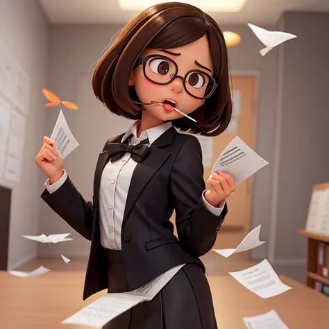 1girl, medium-length brown hair, brown eyes, glasses, open forehead, office outfit, black jacket, white shirt, black skirt, open mouth, no smile, (((little papers fly into mouth))), fright