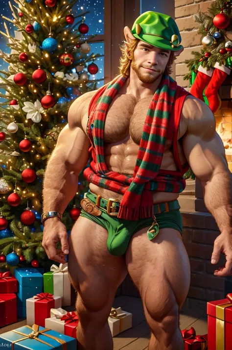 A beautiful and sexy Leprechaun next to a Christmas tree