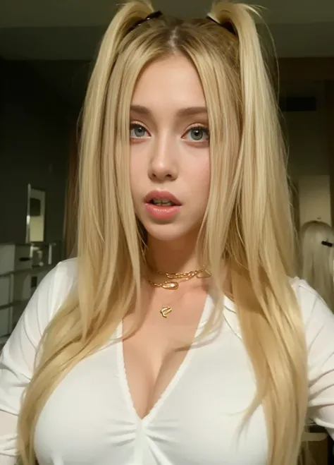 arafed blonde woman with a white shirt and a gold necklace, long blonde hair and large eyes, angelina stroganova, blonde hair and large eyes, has long blonde hair, yelena belova, dasha taran, angelawhite, olga buzova, anastasia ovchinnikova, ava max, big b...