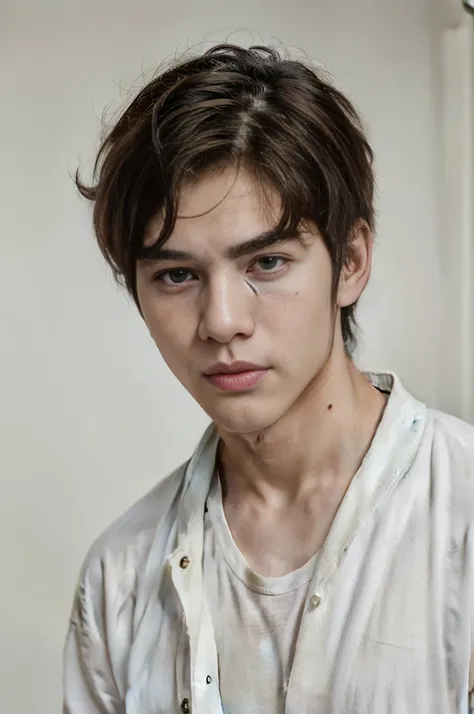 "Create realistic images, High resolution photo with a handsome Korean guy, Heterochromatic eye, He was wearing a loose white shirt and white jeans...,nice skin,half body portrait,Open it up...,short light brown hair.,strong