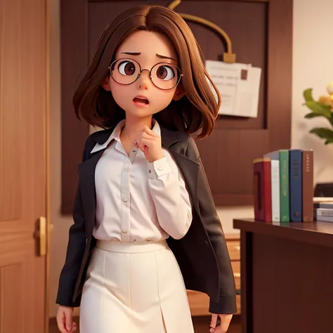 1girl, medium-length brown hair, brown eyes, glasses, open forehead, office outfit, black jacket, white shirt, black skirt, open mouth, no smile, fright