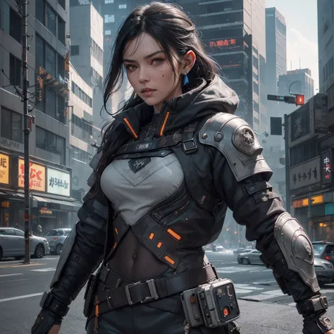 not a tall woman with grey skin and pointed ears, cyberpunk, dark hair, brown eyes, depicted full-length intricate details, HDR, beautifully shot, hyperrealistic, sharp focus, 64 megapixels, perfect composition, high contrast, cinematic, atmospheric, splas...