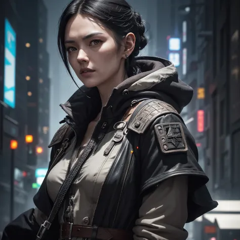 not a tall woman with grey skin and pointed ears, cyberpunk, dark hair, brown eyes, depicted full-length intricate details, HDR, beautifully shot, hyperrealistic, sharp focus, 64 megapixels, perfect composition, high contrast, cinematic, atmospheric, splas...