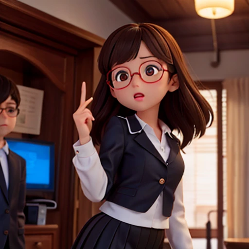 1girl, medium-length brown hair, brown eyes, glasses, open forehead, office outfit, black jacket, white shirt, black skirt, open mouth, no smile, fright