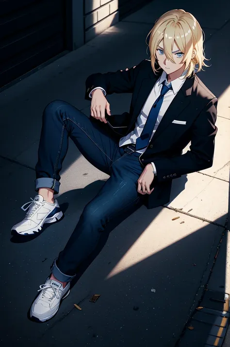 1guy, blonde shoulder length hair, blue eyes, black jacket with a white shirt and tie, jeans, tennis shoes, high school dxd style