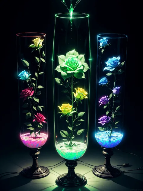 there are three vases that are glowing green in the dark, iridescent glass, made of glowing wax and ceramic, psychedelic photoluminescent, opal statues, iridescent venetian blown glass, glowing potions, with glow on some of its parts, glowing imperial moti...