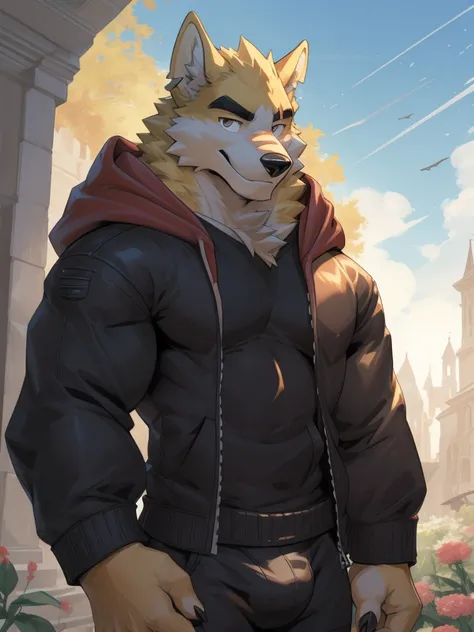 masterpiece, best quality， NJ5Furry, male, 1 male，hairy pubic, male focus， Animal ear， formal， Wolf ears， Wolf Boy，smile，White fur, Yellow fur, Brown fur，two tone fur，black shirt，Red hood，black   hoodie，Thick eyebrows，one scar，scars on eyes，Yellow eary, by...