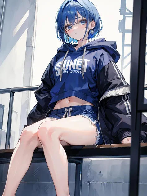 1 girl, short blue hair, grey eyes, wearing a hoodie, wearing denin shorts, earrings, absurdres, high res, 8K, masterpiece, looking at the viewer