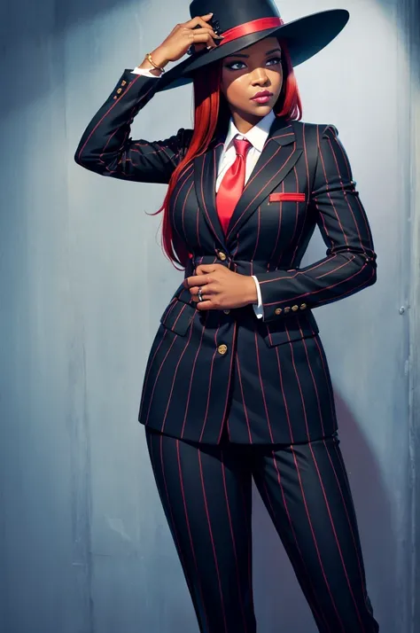 louise free.there is a ebony woman in a suit and hat posing for a picture, cherry red hair ,wearing a pinstripe suit with red pinstripes, pinstripe suit, girl in suit, girl in a suit, woman in black business suit, promotional shot, woman in business suit, ...